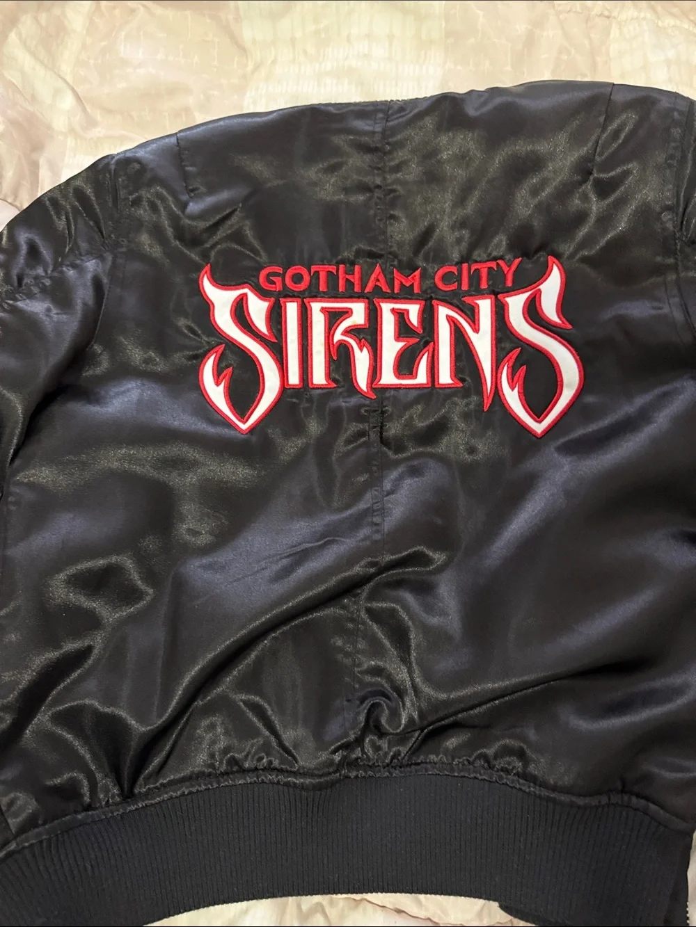 Custom Black Satin Bomber Jacket with Orange Lining and Gotham City Sirens logo